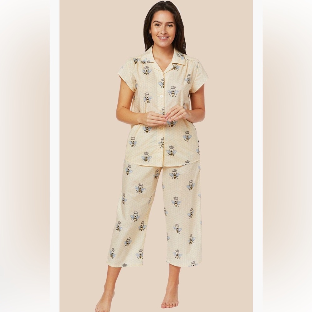 The Cat’s Pajamas Luxe Pima Cropped Pajama Set in Queen Bee Honey Size Small NWT